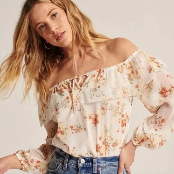 Abercrombie & Fitch White Floral Chiffon Off the Shoulder Bodysuit Medium Women - Picture 12 of 12